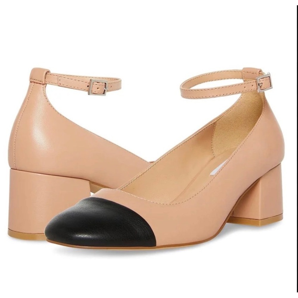 Steve Madden Eli Pump Womens 8.5M Tan Black Cap Toe Block Heel Ankle Strap Chic